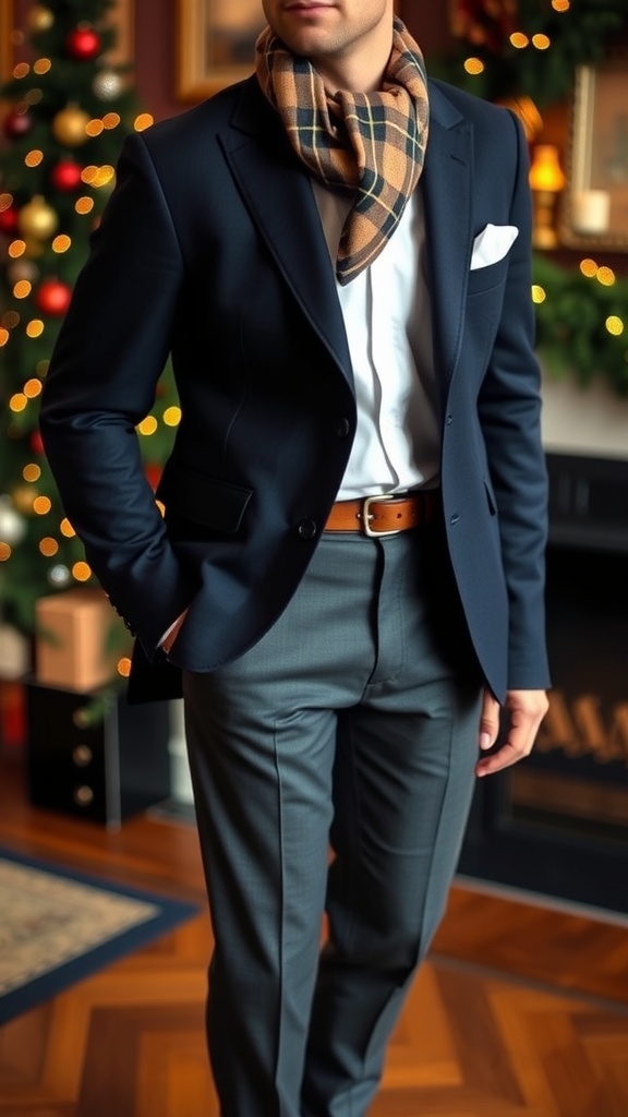 Elegant Old Money Christmas Outfit Ideas Elegant old money Christmas outfit with navy blazer, white shirt, charcoal trousers, and leather loafers.